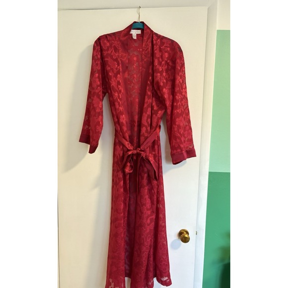 Oscar de la Renta Pink Label Red Sheer Floral Long Robe Belted Lingerie Size S/M - Picture 1 of 8